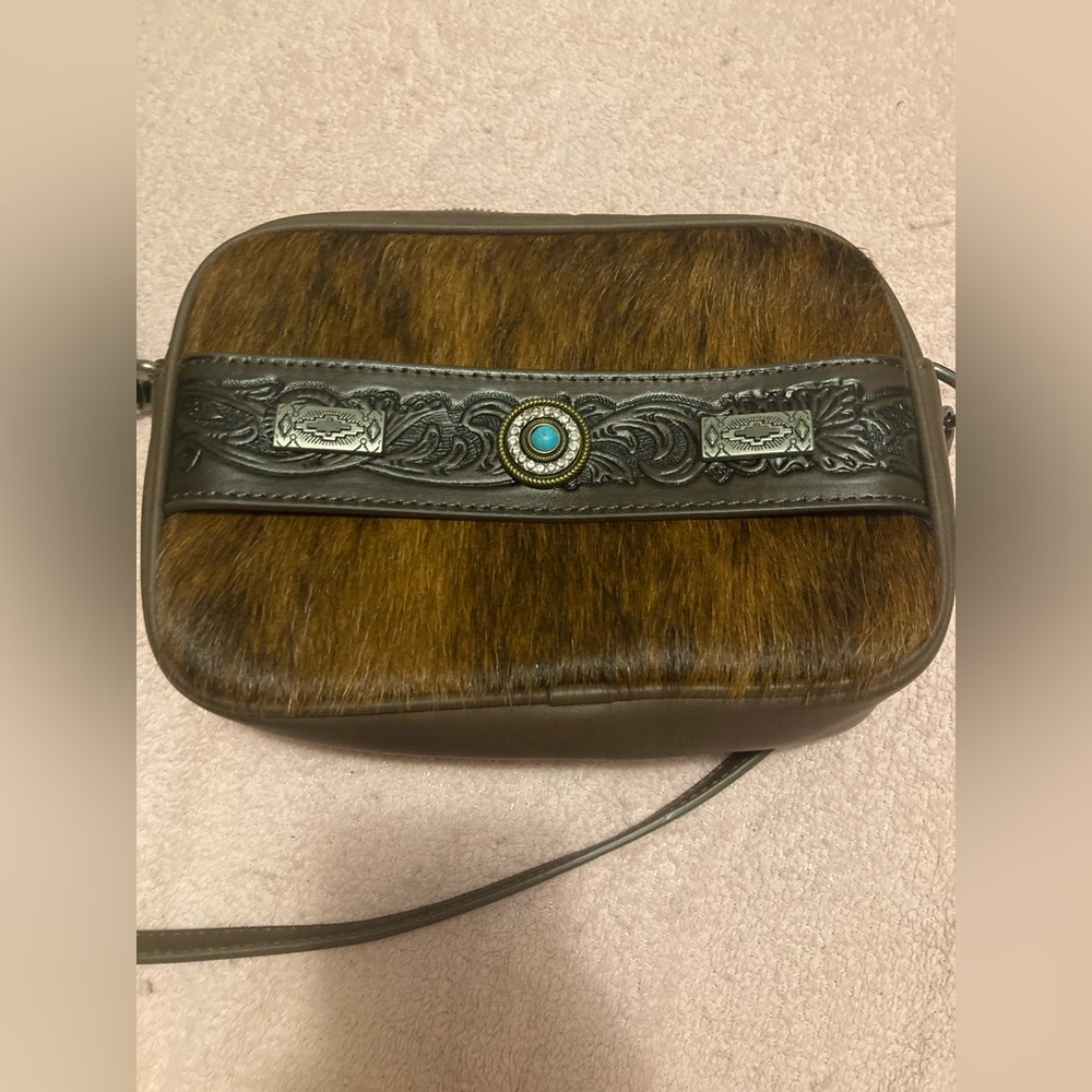 trinity ranch leather crossbody w/ horse hair & turquoise detail